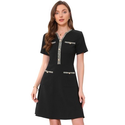INSPIRE CHIC Women's V Neck Short Sleeves Tweed Trim Dressy Office A-Line Work Dresses