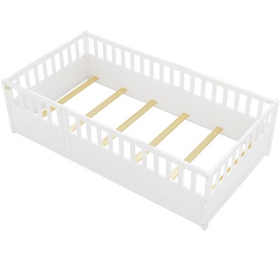 Cesicia Twin Size Floor Bed, Integral Construction With Super High Security Barrier, Door, Children'S Floor Bed Frame
