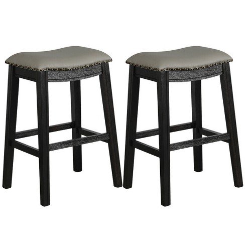 Costway Set Of 4 Nailhead Saddle Bar Stools 24'' Height W/ Fabric Seat &  Wood Legs Beige\gray : Target