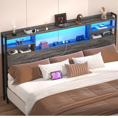 Aheaplus Headboard with Storage shelves and Charging Station, Wood Headboard with LED Light