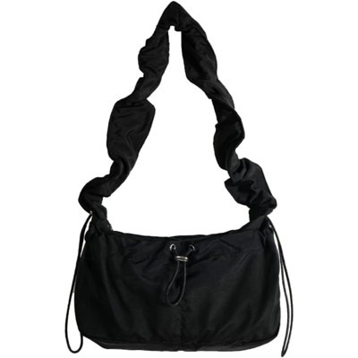 BEAFUP Women’s Nylon Shouder Bag Pleated Crescent Purse with Drawstring Wrinkled Shoulder Straps Hobo Handbag Small Tote, Black