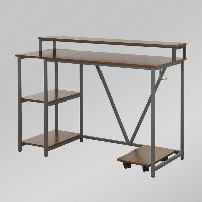 Modern Industrial Walnut Writing Desk with Steel Frame and CPU Caddy