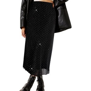 Floral Mesh Boho Midi Skirt - Women's High Waist A-Line Skirt with Lettuce Trim Black Glitter - 1 of 4