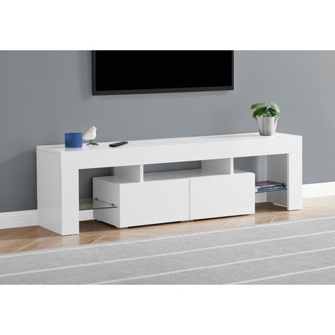 Monarch Specialties 63" Glossy White TV Stand - Media Console With Drawers & Glass Shelves