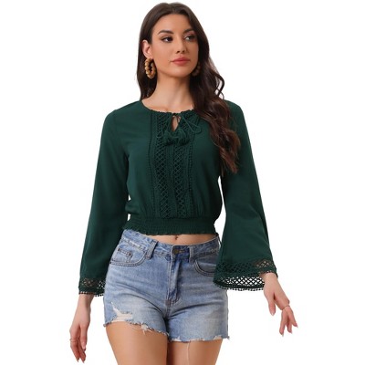 Allegra K Women's Round Neck Bell Long Sleeve Smocked Hem Cropped Blouse