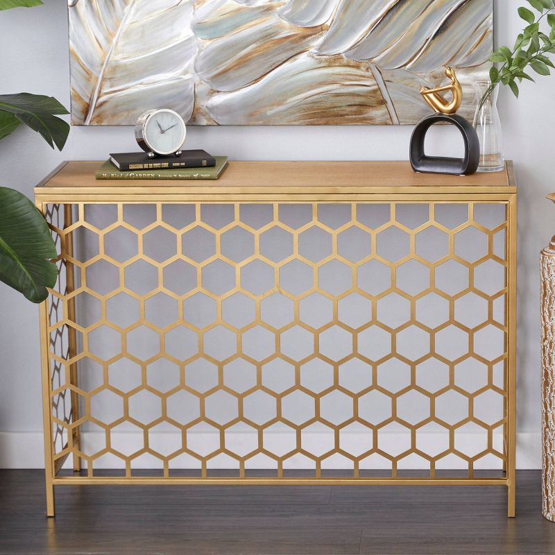 Contemporary Iron Beehive Pattern Console Table Gold - Olivia &#38; May, 3 of 9