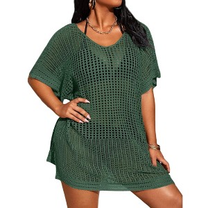 Women's Plus Size Swimsuit Cover-Up Short Sleeve Hollow-Out Beach Dress for Swimwear and Bathing Suits - 1 of 3
