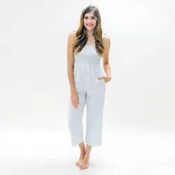 Hope & Henry Womens' Smocked Button Front Jumpsuit (Classic Blue Ticking Stripe, 14)
