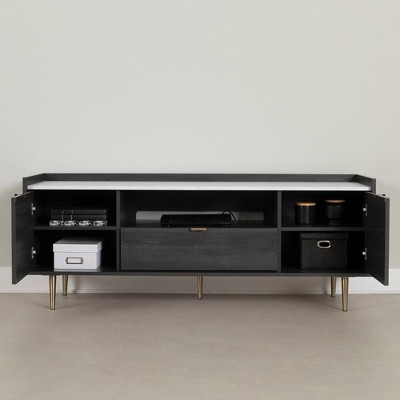 Gray Oak and Faux Carrara Marble TV Stand with Storage Cabinets