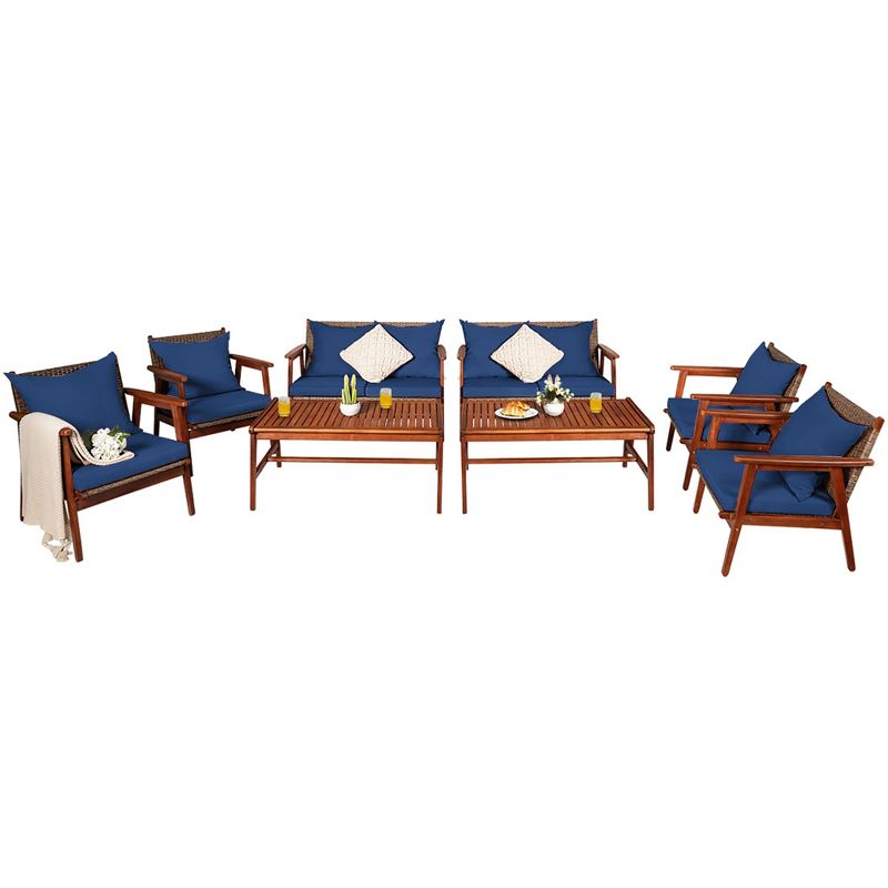 Costway 8PCS Patio Rattan Furniture Set Acacia Wood Frame Cushioned Sofa Chair Red\Navy, 3 of 11