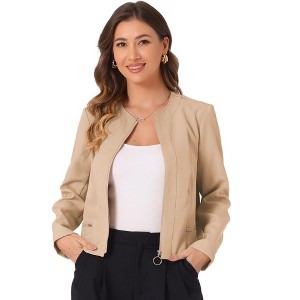 INSPIRE CHIC Women's Collarless Zipper Pockets Casual Open Front Cropped Jacket - 1 of 4