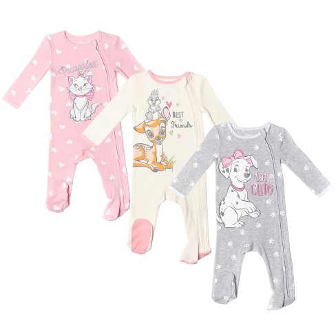 Disney Classics 101 Dalmatians Bambi Newborn Baby Girls 3 Pack Sleep N'  Play Coveralls White/Pink/Gray 6-9 Months