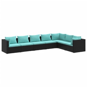 vidaXL Patio Lounge Set - 7 Piece Outdoor Furniture with Cushions, Black Poly Rattan Material, Modular Design, Water Blue Polyester Fabric Cushions - 1 of 4