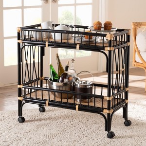 bali & pari Dalinda Modern Bohemian Two-Tone Black and Natural Brown Rattan 2-Tier Kitchen Cart - 1 of 4