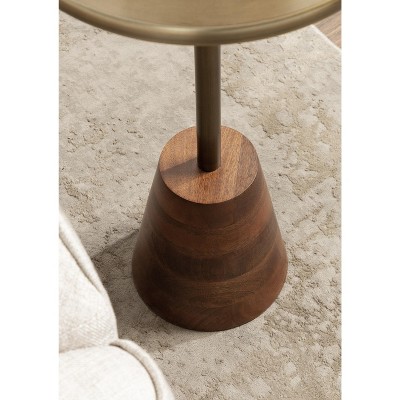 Walnut Brown and Brass Round Side Table with Wood Base