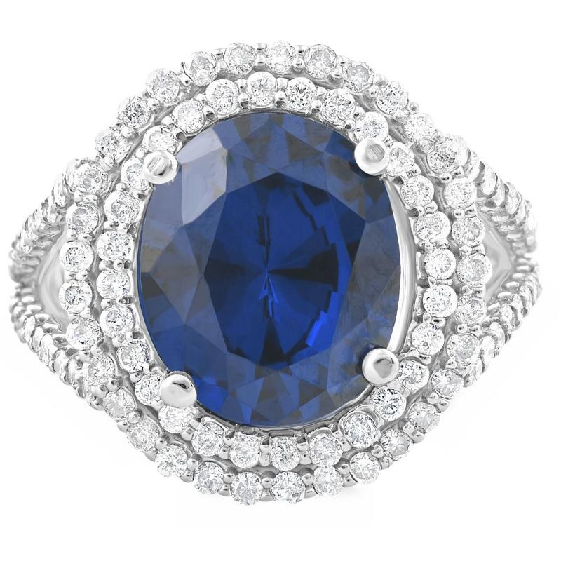 Pompeii3 6 1/5 Ct Diamond Oval Blue Sapphire Diamond Double Halo Ring 10K White Gold, 1 of 4
