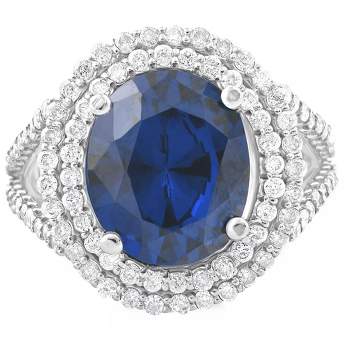 Pompeii3 6 1/5 Ct Diamond Oval Blue Sapphire Diamond Double Halo Ring 10K White Gold
