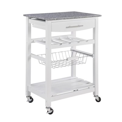 FONTOI Mobile Rolling Kitchen Island with Underneath Drawer, Trolley Serving Cart Slide-Out Wire Storage Basket, White, 15.75"*33.55"*22.76"