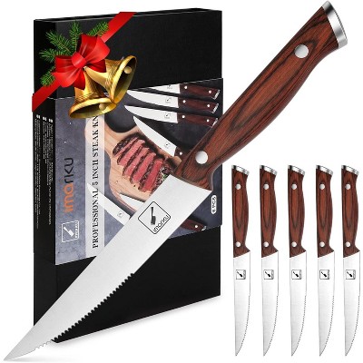 imarku Steak Knives, Serrated Steak knives Set of 6, Japanese HC Steel Knife Set, Premium Serrated Carbon Stainless Steel 9 Inches Steak Knife, Silver