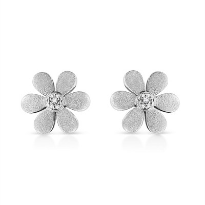 Haus of Brilliance Matte Finished Silver Diamond Accent Flower Hoop Stud Earring