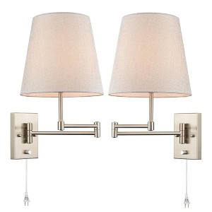 Claxy Modern Brushed Nickel Plug-in or hardwired Swing Arm Wall Lamp with Fabric Shade Set of 2 - 1 of 4