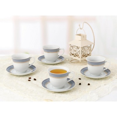 Elegant Blue and Gold Porcelain Tea Cup Set for Four