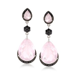 Ross-Simons 22.20 ct. t.w. Rose Quartz and 1.00 ct. t.w. Black Spinel Drop Earrings in Sterling Silver - 1 of 4