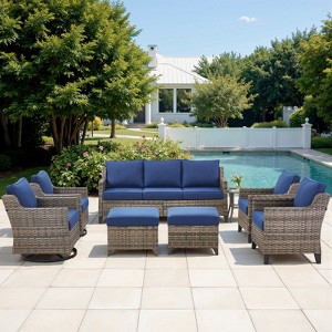 Buenhomino High Back Patio Furniture Set with Thick Cushion, 8-Piece Outdoor Conversation Set with Sofa, Swivel Rocker Chairs, Glass Table & Ottomans - 1 of 4