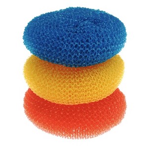 Lola Products Plastic Mesh Scouring Pads - 3.375" x 1.25", Non-Scratch Scrubbers to Clean Dishes, Assorted Colors - Red, Blue & Yellow - 1 of 4