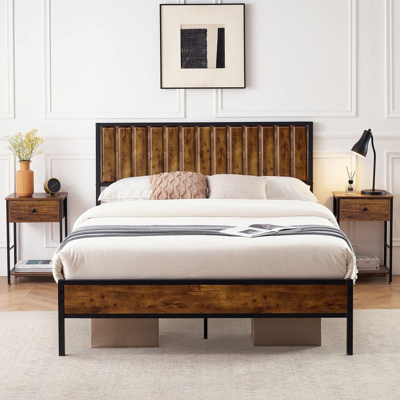 Full Size Bed Frame with Wood Headboard,Metal Bed Frame with 14 Heavy Duty Steel Slats,No Box Spring Needed,Noise-Free,Retro Brown, 3 of 9