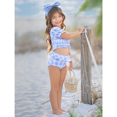 Mia Belle Girls Blue Skies Gingham Puff Sleeve Two-Piece Swimsuit Mia Belle Girls, Blue, 10 — фото 5