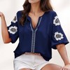 Anna-Kaci Women's Embroidered Short Sleeve Blouse with Floral Motif and Split V-Neck Detail for Casual Summer Style - 3 of 4