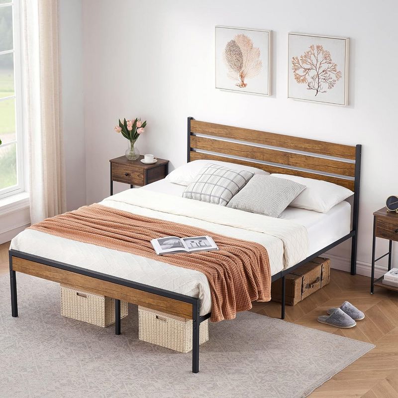 Whizmax Bed Frame with Wood Headboard and Metal Slats Support Platform Bed Frame with Storage No Box Spring Needed, Brown, 2 of 8