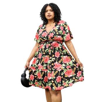 Anna-Kaci Women Plus Size Tropical Floral Print Midi Dress with Tied Belt Waist