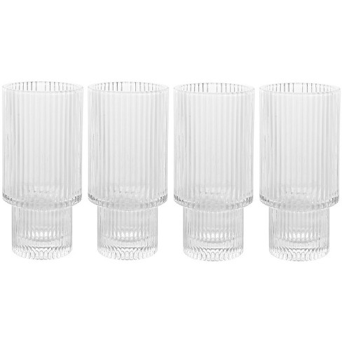 American Atelier Vintage Art Deco 11 oz. Fluted Drinking Glasses Set of 4,  Unique Cups for Weddings, Cocktails or Bar, Ribbed Glass Cup, Clear