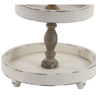 Distressed White and Brown Wood 3-Tier Round Serving Tray