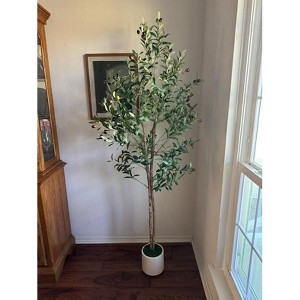 Artificial Olive Tree, 150 cm, Fake Indoor Plant with 2 Natural Wood Trunks, Artificial Plant in White Pot, Floor Plant for Home Living Room, 1Pc - 1 of 4