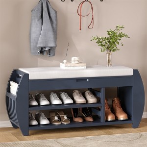 Wooden Storage Bench with Cushion, Flip Top Entryway Shoe Bench with Hidden Compartment, Shoe Rack Organizer for Entryway Bedroom Living Room - 1 of 4