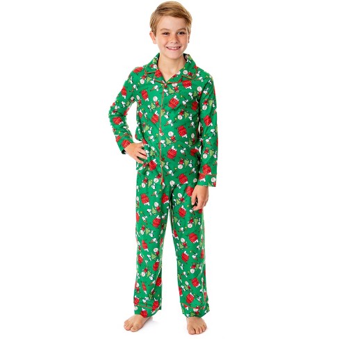 Peanuts Boys' Christmas Snoopy Charlie Brown Button Down Sleep Pajama Set  (4/5) Green