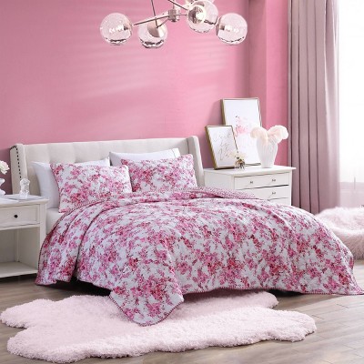 Floral Vineyard Pink Reversible Microfiber King Quilt Set