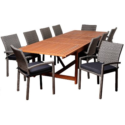 Winston 11pc Patio Eucalyptus Wood Wicker Dining Set - International Home Miami