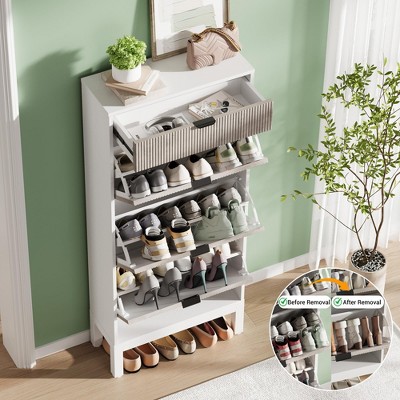 Shoe Storage Cabinet with 3 Flip-Up Doors & Bonus Drawer – Slim Wood and Metal Shoe Organizer for Entryway, Hallway, Apartments