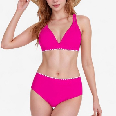 Anna-Kaci Swim Women's High Waist Bikini Set with Triangle Trim Details and Adjustable Straps for Flattering Beachwear Look