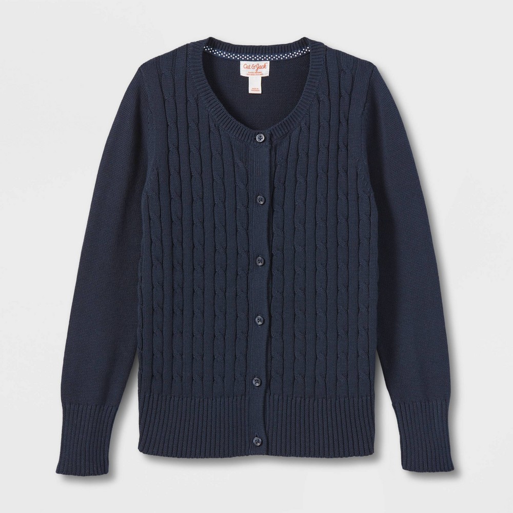 Girls' Crew Neck Cable Uniform Cardigan Sweater - Cat & Jack™ Blue S