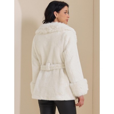 INSPIRE CHIC Women's Faux Fur Lapel Removable Belt Winter Shaggy Jacket with Pockets Small White — фото 4