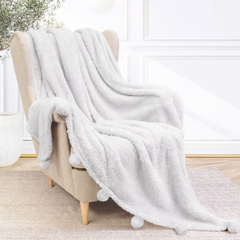 PAVILIA Fluffy Throw Blanket with Pompom, Lightweight Soft Plush Cozy Warm Pom Pom Fringe for Couch Sofa Bed, 2 of 8