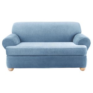 Navy Stretch Stripe 2pc T-Loveseat Slipcover - Sure Fit, Blue
