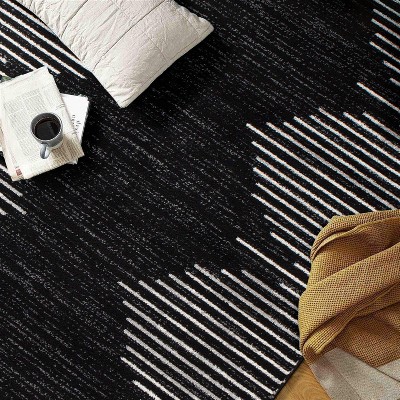 Black and White 5' x 7' Bohemian Stripe Synthetic Area Rug