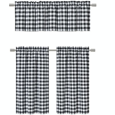 GoodGram Black Gingham Checkered Plaid Kitchen Curtain Tier & Valance Set - 58 in. W x 36 in. L