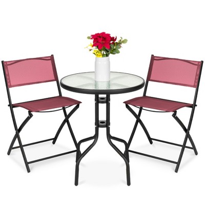 Burgundy 3-Piece Black Steel and Glass Patio Bistro Set